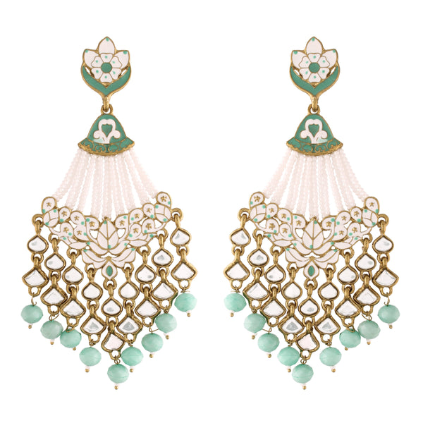 Women's Turquoise Gold Plated Handcrafted Meena Work Earring Glided With Kundan & Pearls  - i jewels