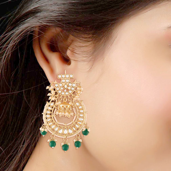 Women's  Gold Plated Kundan & Pearl Handcrafted Green Jhumki  - i jewels