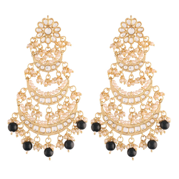 Women's  Gold Plated 3 Layered  Black Beaded Chandbali Earrings With Kundan And Pearl Work - i jewels