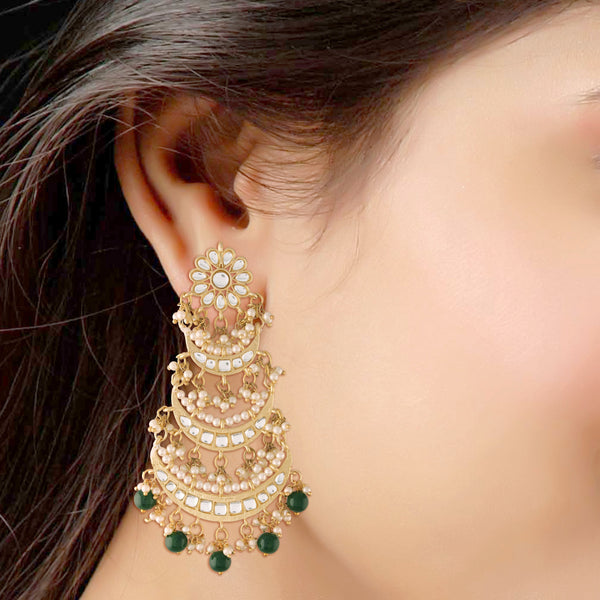 Women's  Gold Plated 3 Layered Green Beaded Chandbali Earrings With Kundan And Pearl Work - i jewels