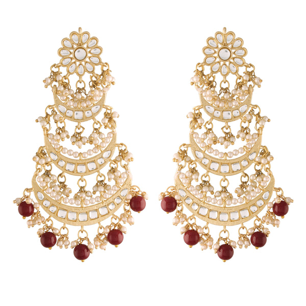 Women's  Gold Plated 3 Layered Marron Beaded Chandbali Earrings With Kundan And Pearl Work  - i jewels