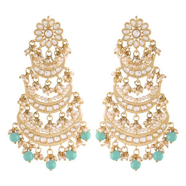 Women's Turquoise Gold Plated 3 Layered Beaded Chandbali Earrings With Kundan And Pearl Work  - i jewels