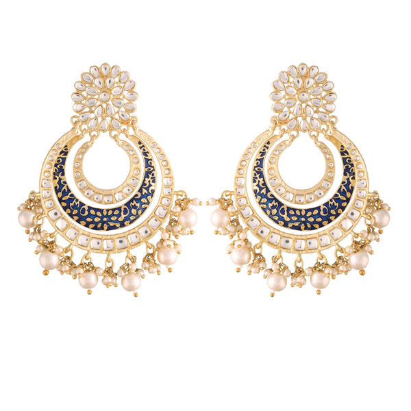 Women's  Black Handmade Royal Blue Enamel/Meenakari Kundan & Pearl Studded Earrings - i jewels