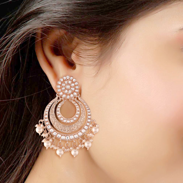 Women Rose Gold Kundan & Pearl Chandbali Earrings by I Jewels (1 Pair earrings)