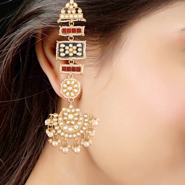 Women's Blue Gold Plated Zinc Alloy Matte Finish Kundan And Pearl Work Chandbali Earrings  - i jewels