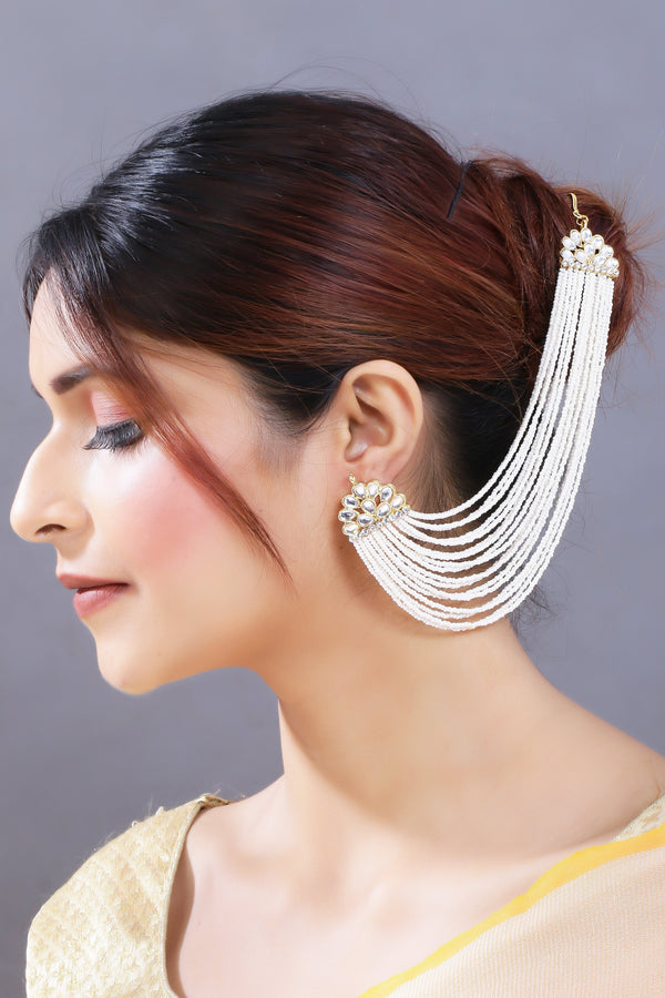 Women's Gold Plated White Multi Strand Earring With Ear Chain Embellished With Pearl  - i jewels