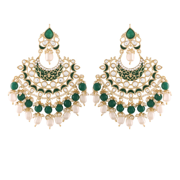 Women's Green Gold Plated, Enamel Kundan Stones & Pearl Earrings - i jewels