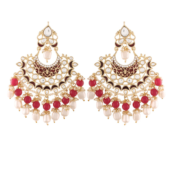 Women's  Gold Plated Red Enamel Glided With Kundans And Pearls Traditional Earrings  - i jewels