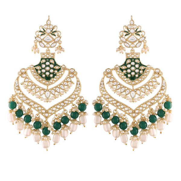 Women Golden and Green Kundan and Beads Earrings by I Jewels (1 Pc Set)