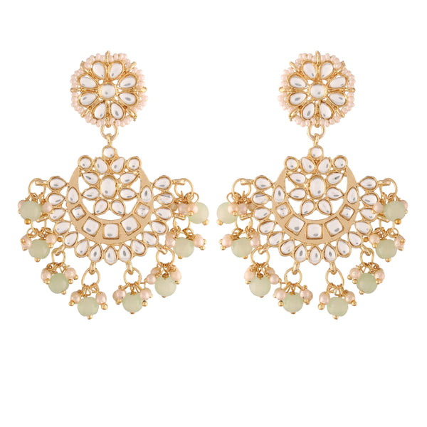 Women's  Gold Plated Matt Finish Mint Chandbali Earrings Handcrafted Kundan & Pearl  - i jewels