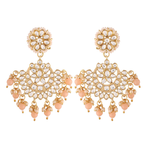 Women's  Gold Plated Matt Finish Peach Chandbali Earrings Handcrafted Kundan & Pearl  - i jewels