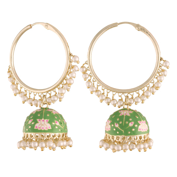 Women's  Gold Plated Traditional Handcrafted Enamelled Mint Jhumki Hoop Earrings - i jewels