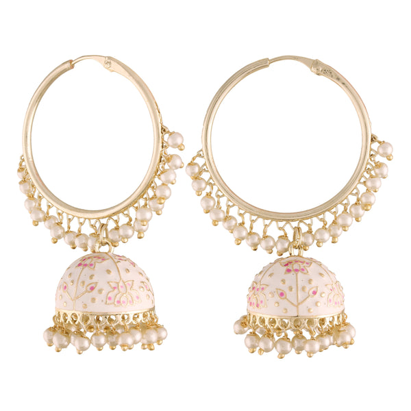 Women's  Gold Plated Traditional Handcrafted Enamelled White Jhumki Hoop Earrings - i jewels