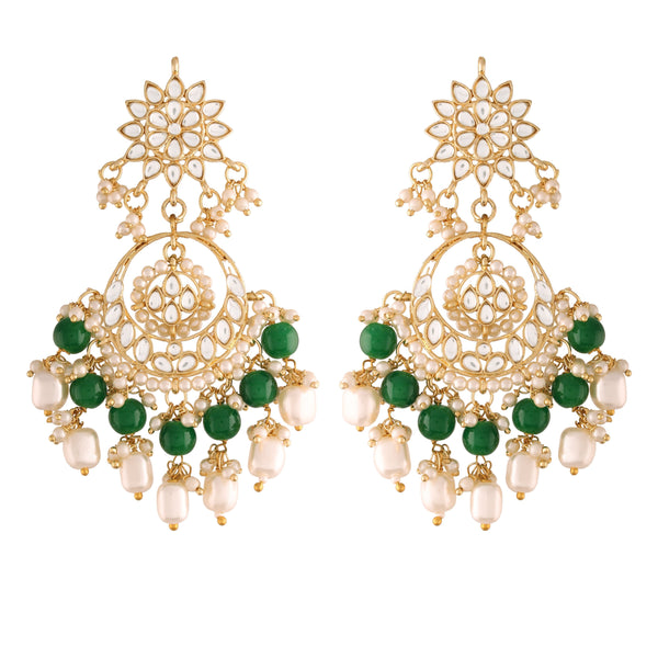 Women's  Gold Plated Green Handcrafted Pearl Kundan Beaded Chandbali Earrings  - i jewels