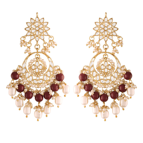 Women's  Gold Plated Maroon  Handcrafted Pearl Kundan Beaded Chandbali Earrings  - i jewels