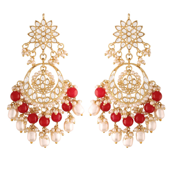 Women's  Gold Plated Red Handcrafted Pearl Kundan Beaded Chandbali Earrings - i jewels