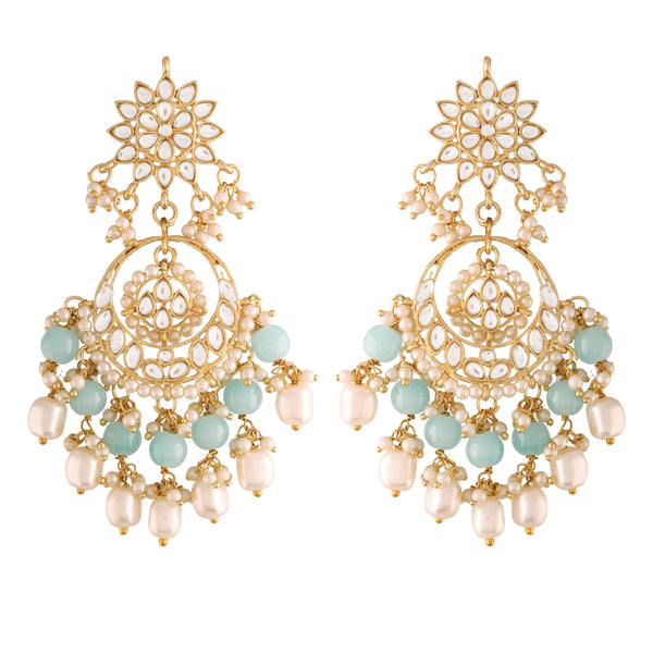 Women's  Gold Plated Turquoise Handcrafted Pearl Kundan Beaded Chandbali Earrings  - i jewels