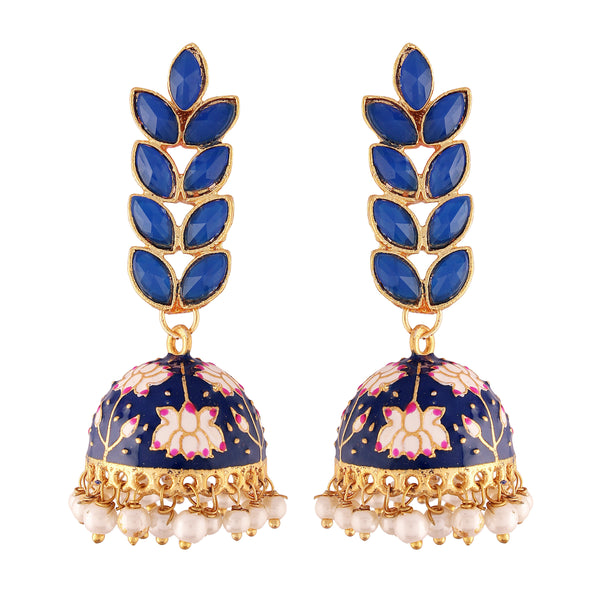 Women's 18k gold plated blue enamelled leaf shaped jhumki earringse2922gr - I Jewels