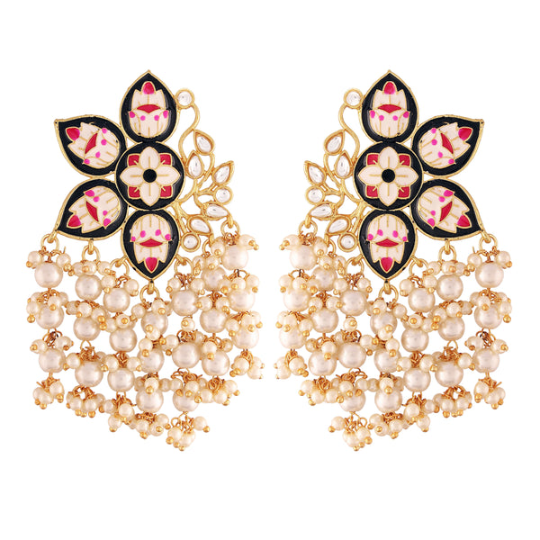 Women's 18k Black gold plated handcrafted kundan studded floral drop earrings - I Jewels