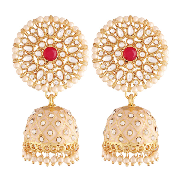 Women's 18k gold plated floral handcrafted cream meenakari jhumka earring e2925cr - I Jewels