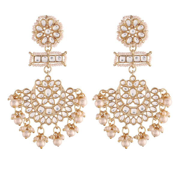 Women's White Gold Plated Beaded Chandbali Earrings Glided With Kundans & Pearls  - i jewels