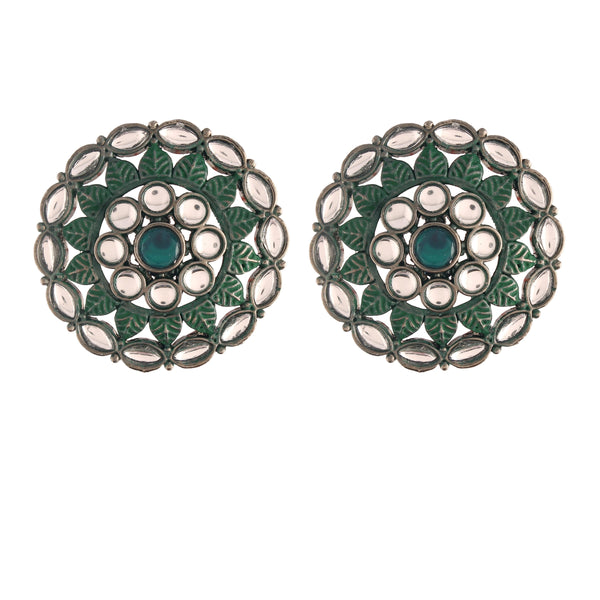 Women's  Green Silver Oxidized Kundan Studded Meena Work Designer Circular Stud Earrings - i jewels