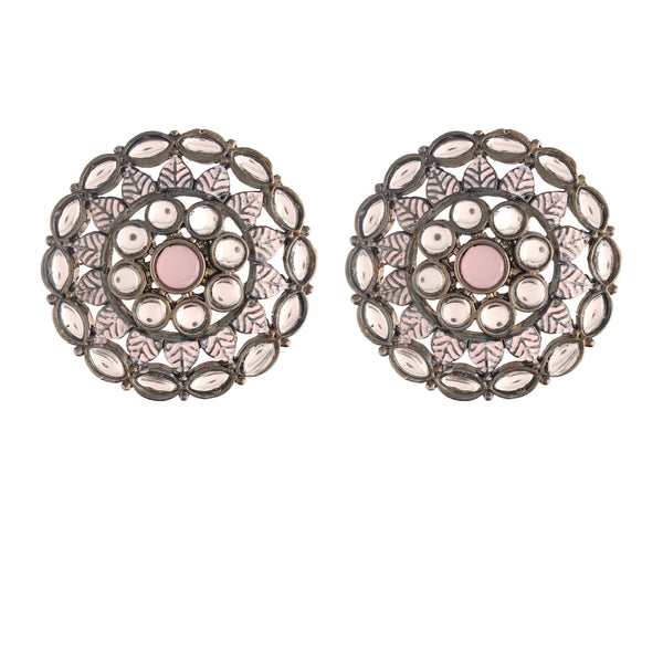 Women's  Pink Silver Oxidized Kundan Studded Meena Work Designer Circular Stud Earrings - i jewels