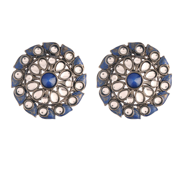 Women's  Silver Oxidized Blue Kundan Studded Meena Work Designer Circular Stud Earrings  - i jewels