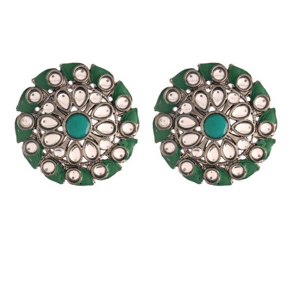 Women's  Green Silver Oxidized Kundan Studded Meena Work Designer Circular Stud Earrings - i jewels