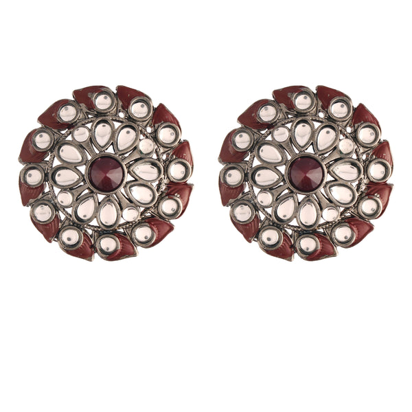 Women's  Maroonsilver Oxidized Kundan Studded Meena Work Designer Circular Stud Earrings  - i jewels