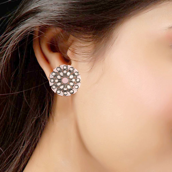 Women's Pink Silver Oxidized Kundan Studded Meena Work Designer Circular Stud Earrings For Women - i jewels