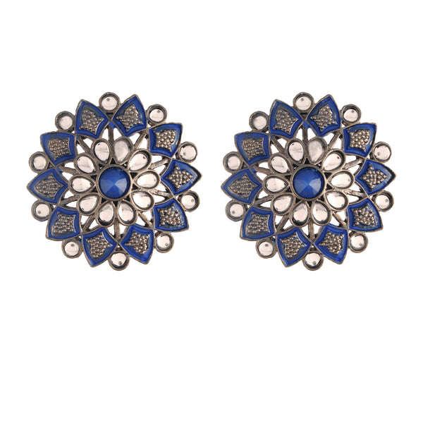 Women's  Blue Silver Oxidized Kundan Studded Meena Work Designer Circular Stud Earrings  - i jewels