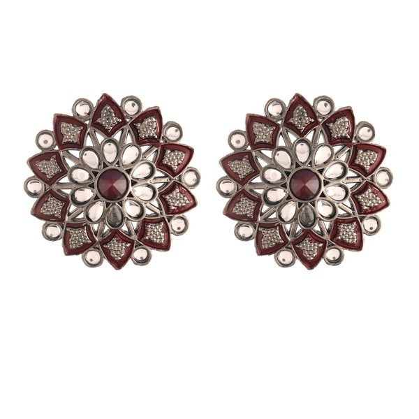 Women's  Silver Oxidized Maroon  Kundan Studded Meena Work Designer Circular Stud Earrings - i jewels