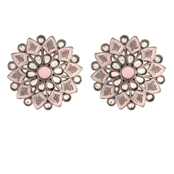 Women's  Silver Oxidized Pink  Kundan Studded Meena Work Designer Circular Stud Earrings  - i jewels