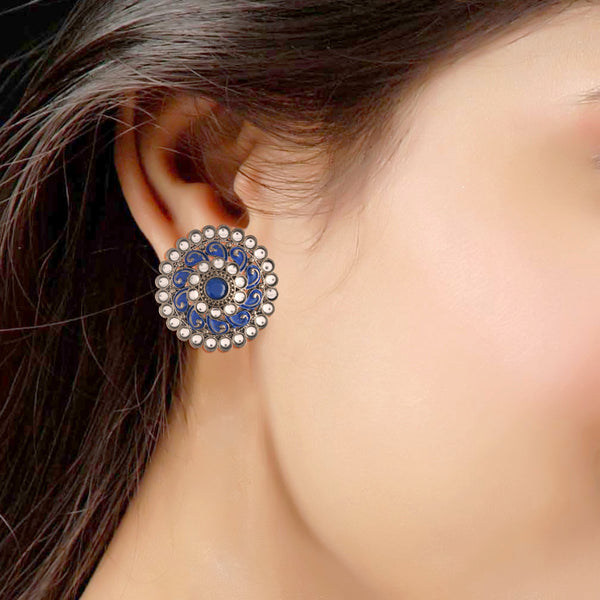 Women's  Silver Oxidized Blue Kundan Studded Meena Work Designer Circular Stud Earrings  - i jewels