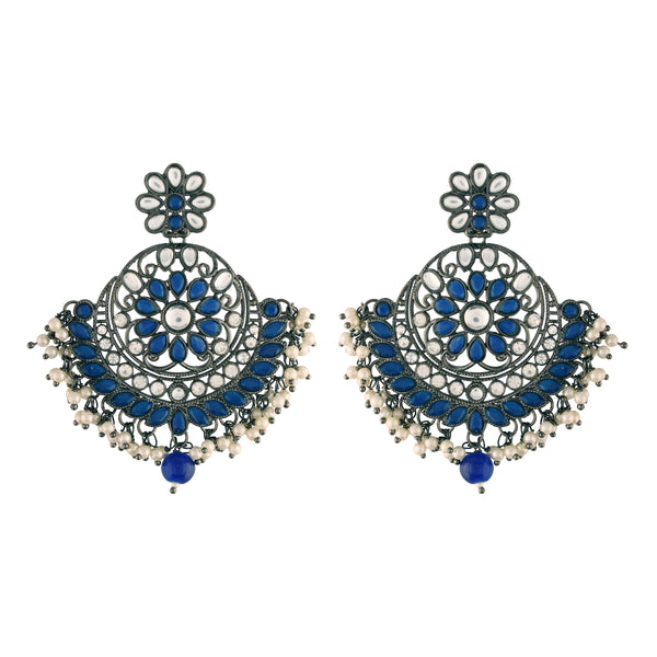 Women's I Jewels 18K Silver Oxidised Traditional Kundan & Stone Studded Chandbali Earrings (E2947Zbl) - I Jewels