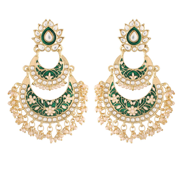 Women's Green Gold Plated Meenakari Earrings Glided With Kundans & Pearls  - i jewels