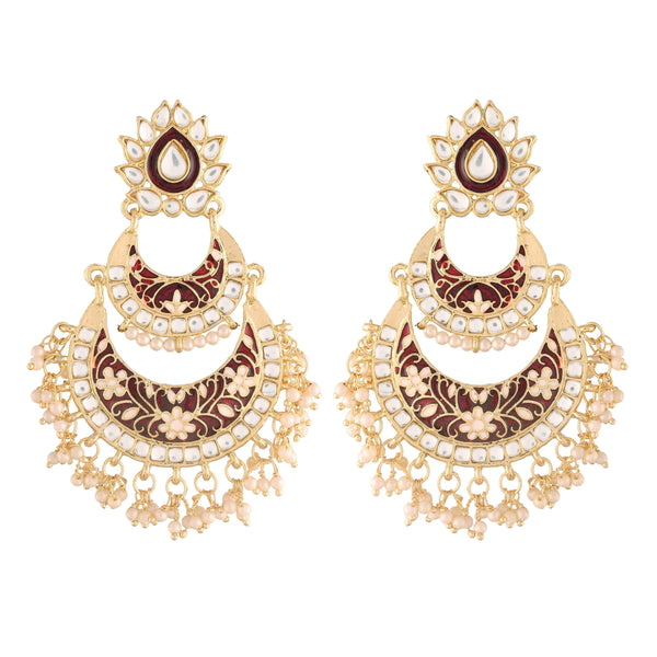 Women's  Maroon Gold Plated Meenakari Earrings Glided With Kundans & Pearls  - i jewels