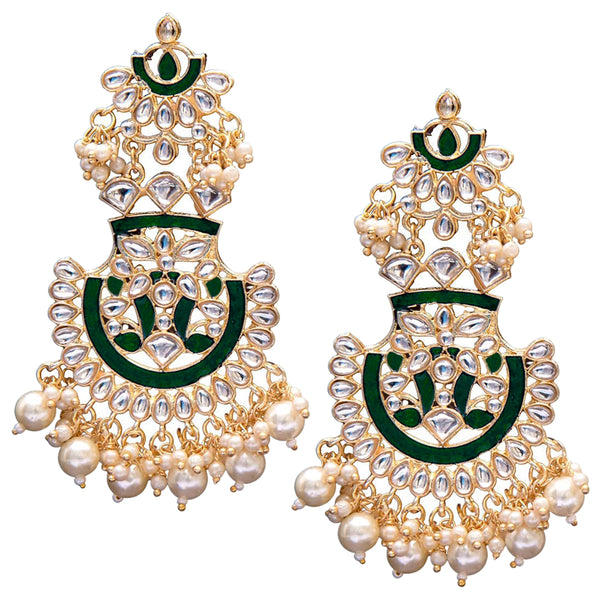 Women's  Gold Plated Green  Meenakari Earrings Glided With Kundans & Pearls  - i jewels