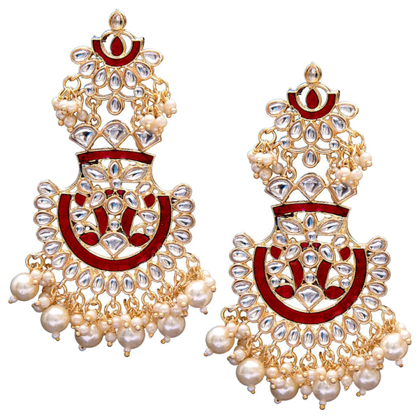 Women's  Gold Plated Maroon Meenakari Earrings Glided With Kundans & Pearls  - i jewels