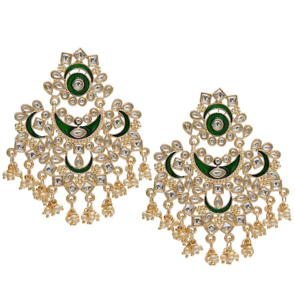 Women's  Gold Plated Green Meena Work Kundans & Pearls Chandbali Earrings  - i jewels