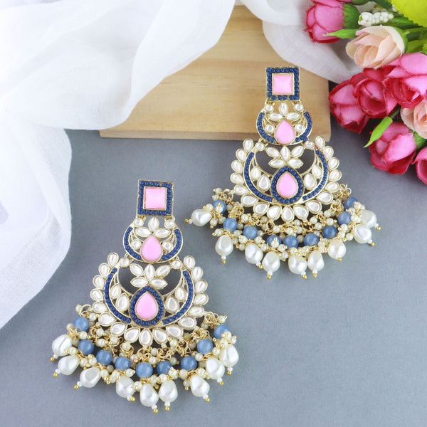 Women's 18K Gold Plated Traditional Handcrafted Pearl Kundan Beaded Earrings (E3021Pemt) - I Jewels