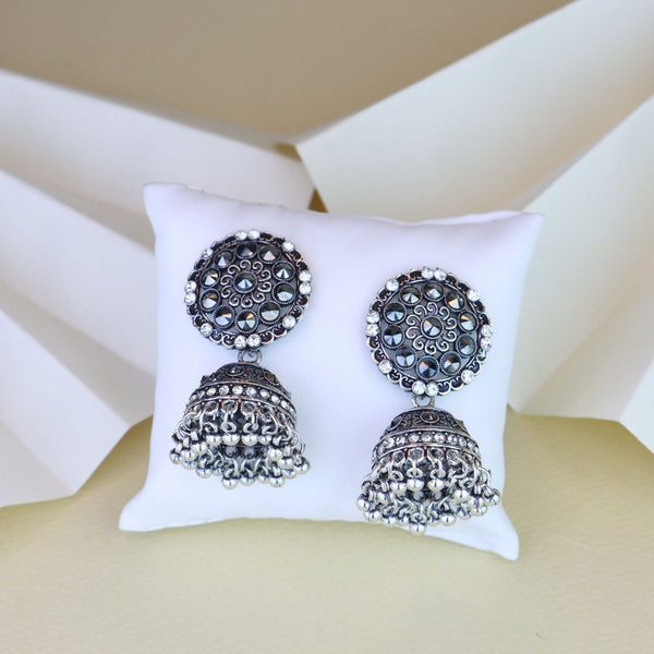 Women's 18K Silver Oxidised Traditional Kundan & Stone Studded Jhumka Earrings (E3062Ox) - I Jewels