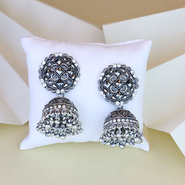 Women's 18K Silver Oxidised Traditional Kundan & Stone Studded Jhumka Earrings (E3064Ox) - I Jewels