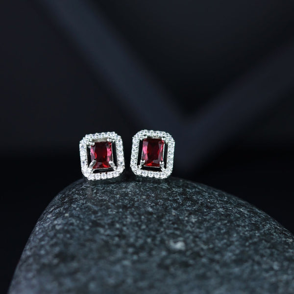 Women's Valentine'S Special 18K Silver Plated Red Cz & American Diamond Beautiful Studs Earrings  (E3066Zr) - I Jewels