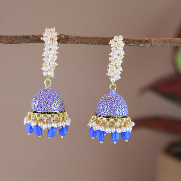 Women's Gold Plated Traditional Meenakari Handcrafted Blue Pearl Jhumki Earrings (E3072Bl) - I Jewels