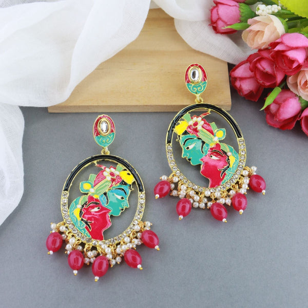 Women's 18K Gold Plated Traditional Meenakari Temple Radha Krishna Jhumka Earrings (E3075Q) - I Jewels