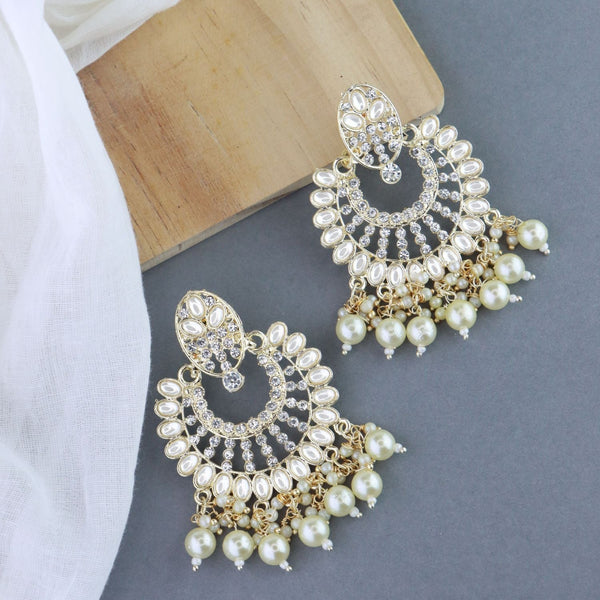 Women's 18K Gold Plated Intricately Designed Traditional Chandbali Earrings Glided With Kundans & Pearls (E3076W) - I Jewels