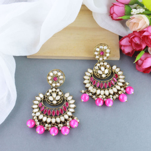 Women's 18K Gold Plated Traditional Kundan & Stone Studded Chandbali Earrings (E3079Q) - I Jewels