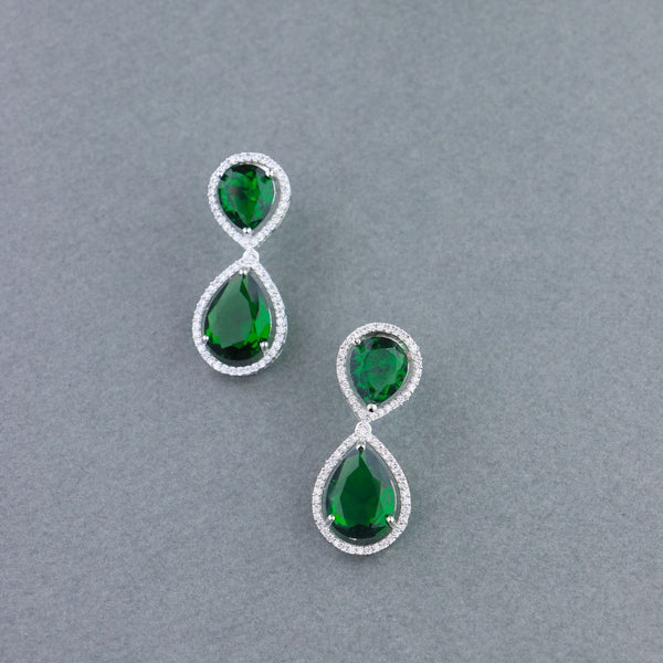 Women's 18K Silver Plated Green Cz & American Diamond Stone Studded Beautiful Earrings - I Jewels